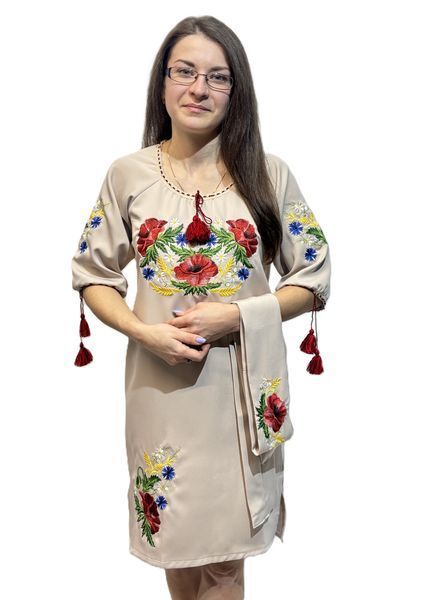 Жіноче бежеве вишите плаття з маковим орнаментом "Мавка бежева" 40 CC-18 фото