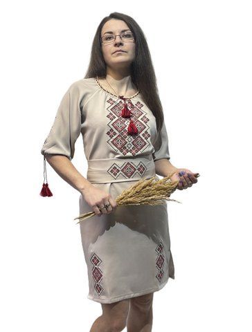 Жіноча бежева вишита сукня з червоно-чорними ромбами "Святкова червона" 40 CC-26 фото