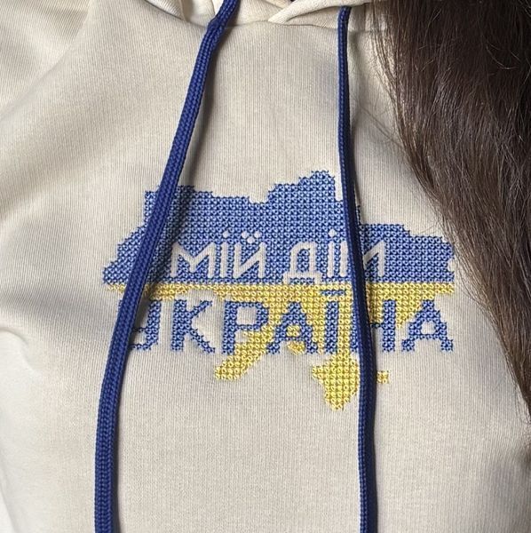 Жіноча бежева тепла кофта худі з жовто-блакитним орнаментом "МІЙ ДІМ УКРАЇНА" S ZZ-28 фото