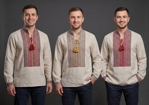 Чоловіча бежева вишиванка на довгий рукав орнамент Тнанина нашивка 44 VV-88 фото