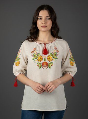 Лляна бежева жіноча вишиванка з яскравим кольоровим Петриківським розписом "Мальованка" 40 SS-44 фото