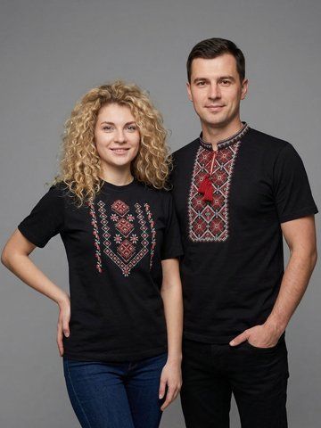 Святкові парні вишиті футболки в чорному кольорі з геометричним орнаментом PO-06 фото