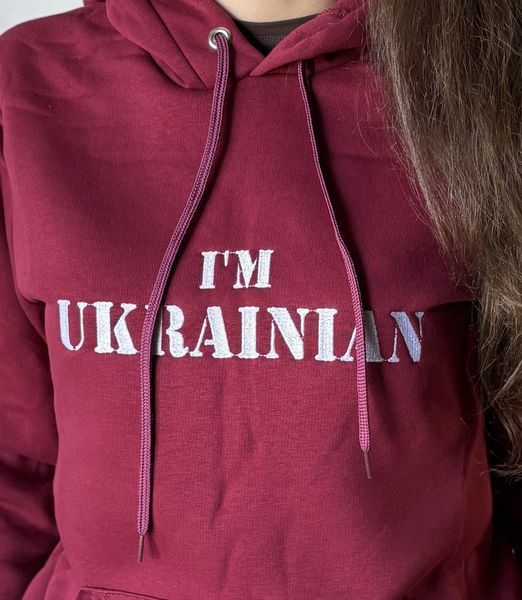 Женская бордовая кофта худые с белым вышитым лозунгом "I'M UKRAINIAN" S ZZ-30 фото