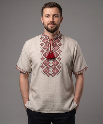 Лляна чоловіча вишиванка на короткий рукав бежевого кольору "Дім Усередині" 44 VV-59 фото