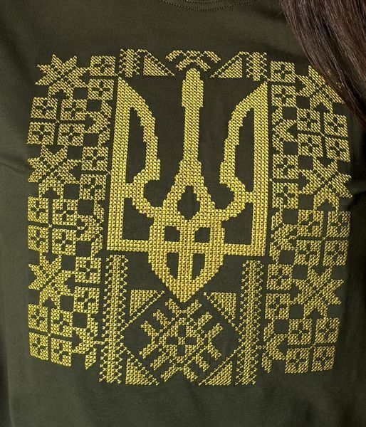 Женская футболка вышиванка в цвете хаки с желтым Трезубцем "Эмилия" S FF-36 фото
