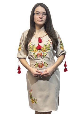 Жіноча бежева вишита сукня в стилі Петриківського розпису "Яскрава" 40 CC-28 фото