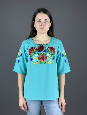 Жіноча блуза вишиванка в кольорі бірюза "Мелодія літа" 40 SS-37 фото
