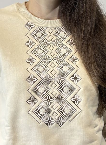 Жіноча бежева кофта світшот з коричнево-білою геометричною вишивкою "Асія" S ZZ-07 фото