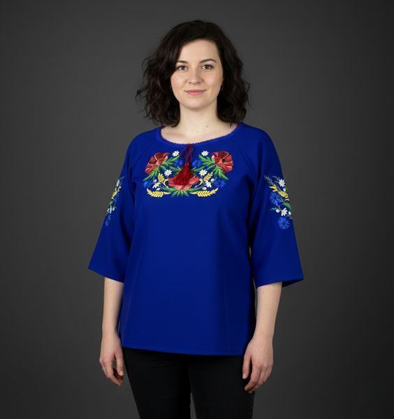 Жіноча синя блуза-вишиванка "Мамині маки" 40 SS-06 фото