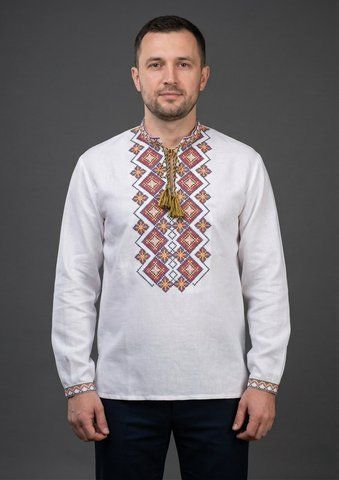 Чоловіча вишиванка з теплими кольорами жовтими і оранжевими в орнаменті "Янтарна нитка" 44 VV-75 фото